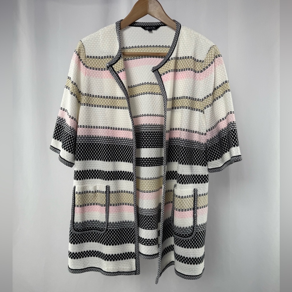 Misook Short‎ Sleeve Stripe Open Jacket in White Pink Size Large